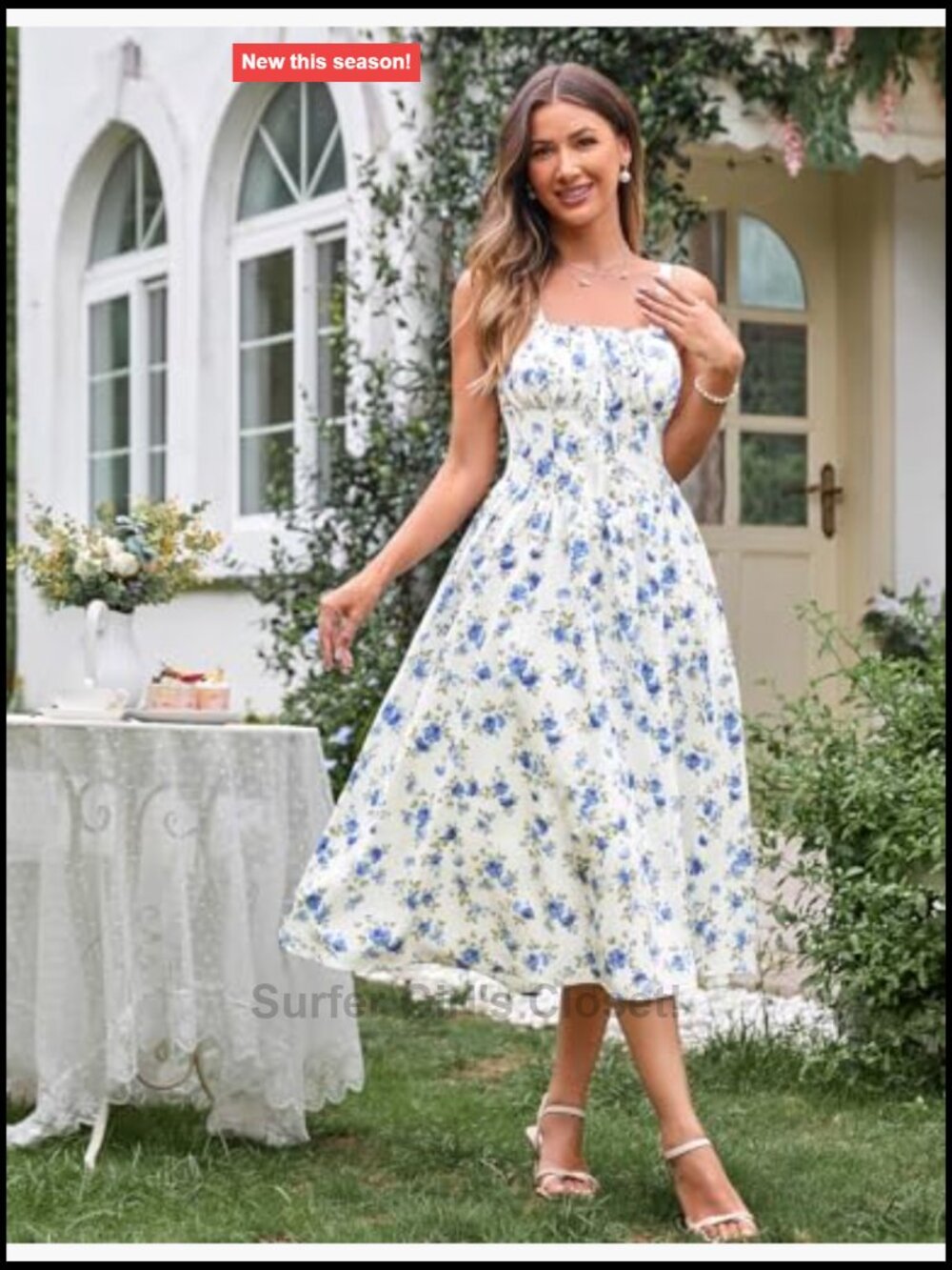 Floral Corset Midi Dress Smocked Back A-Line Summer Sundress - Picture 3 of 7